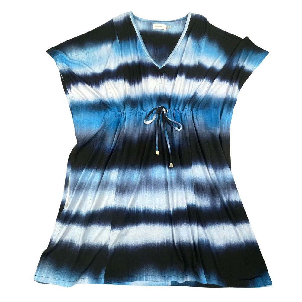 Calvin Klein‎ Womens 4 Swim Cover Up Dress Blue Ombre V-Neck Drawstring Resort
